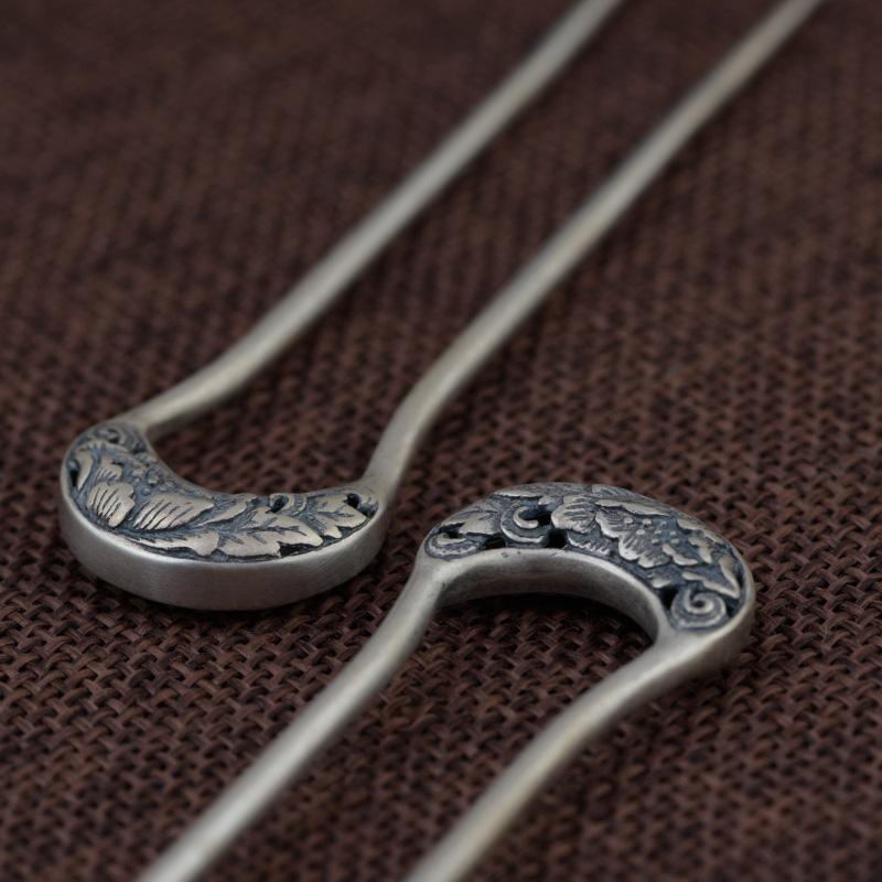 Vintage  Thai  Peony Hanfu Hair Accessory U-Shaped Short Hairpin Classical Everyday Ethnic Style Jewelry For Women