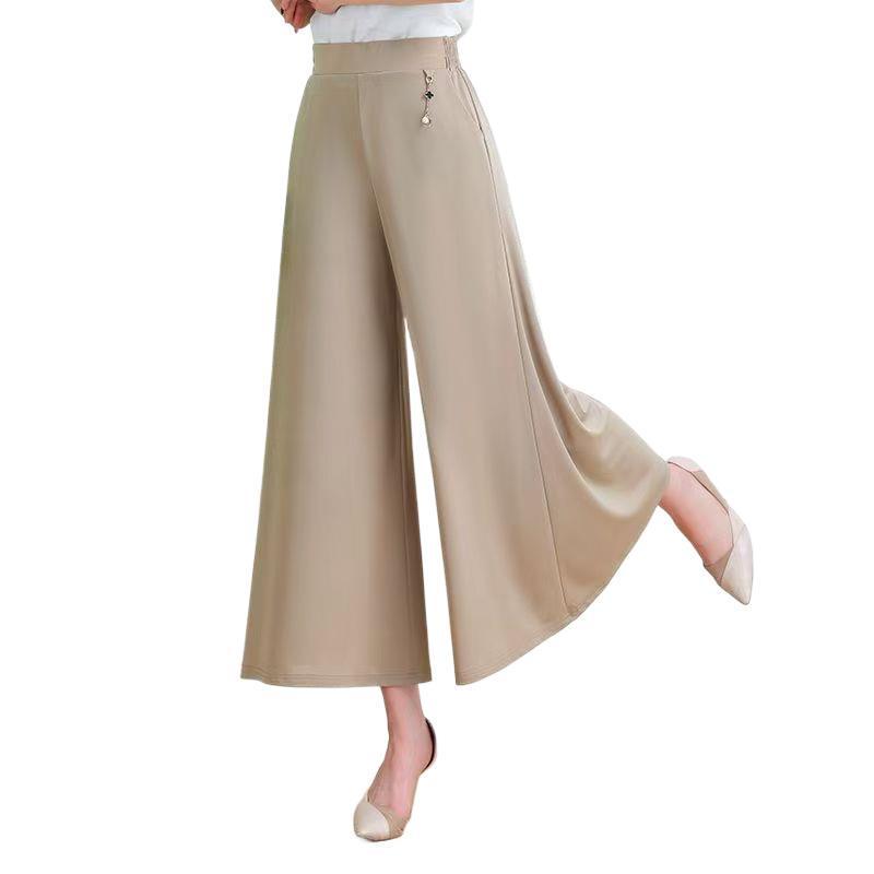 Mom's Summer Plus Size Ice Silk Wide Leg Skirt Pants - Elastic Waist Nine-Point Casual Pants for Women
