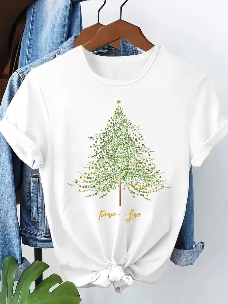 (Asian Size) letter style  Short Sleeve T-shirts  Merry Christmas Women's Top O-neck T Shirt Print  Fashion Casual New Year Clothing Graphic Tee