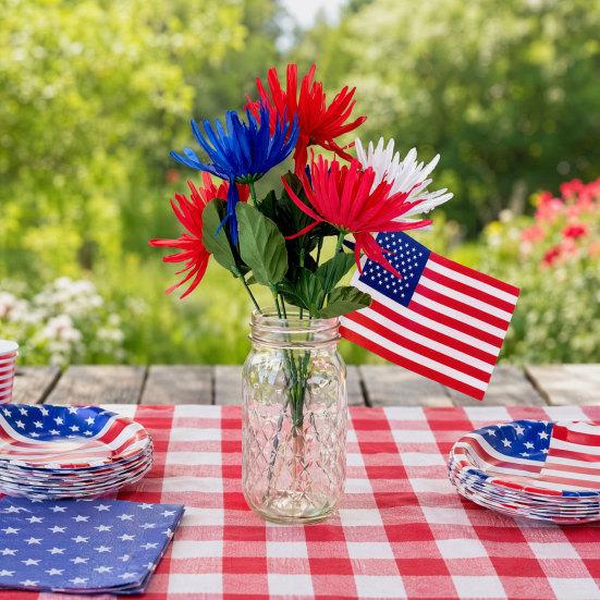 Yousheng Independence Day UV Resistant Faux Flowers, 4th of July Artificial Flower, 250th Anniversary Artificial Bouquet, Red White Blue Patriotic