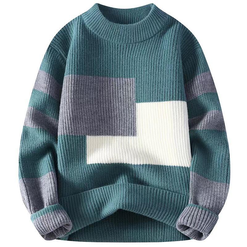 Men's Trendy Contrast Color Winter Knit Sweater - Loose, Warm, and Stylish Base Layer