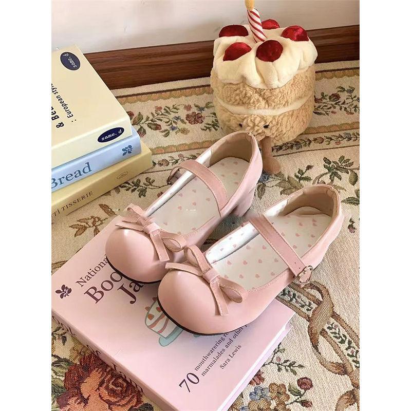 Frühling neue runde Spitze dicke Sohle Schmetterlingsschleife einzelne Schuhe Damen Mode vielseitig High-Heel Elegant minimalistisch Damenschuhe