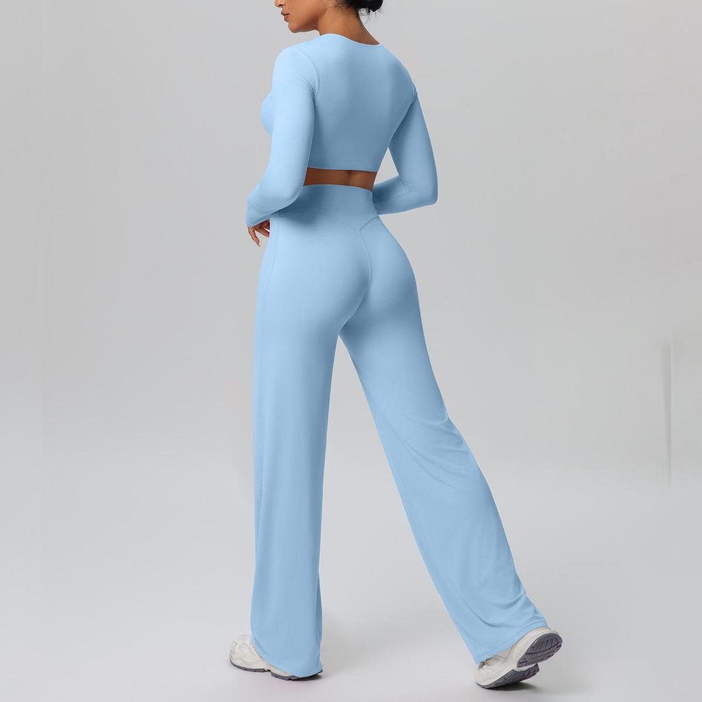 European Sportswear Yoga Set: Long Sleeve Top with Chest Pads and Breathable Straight-Leg Pants for Women