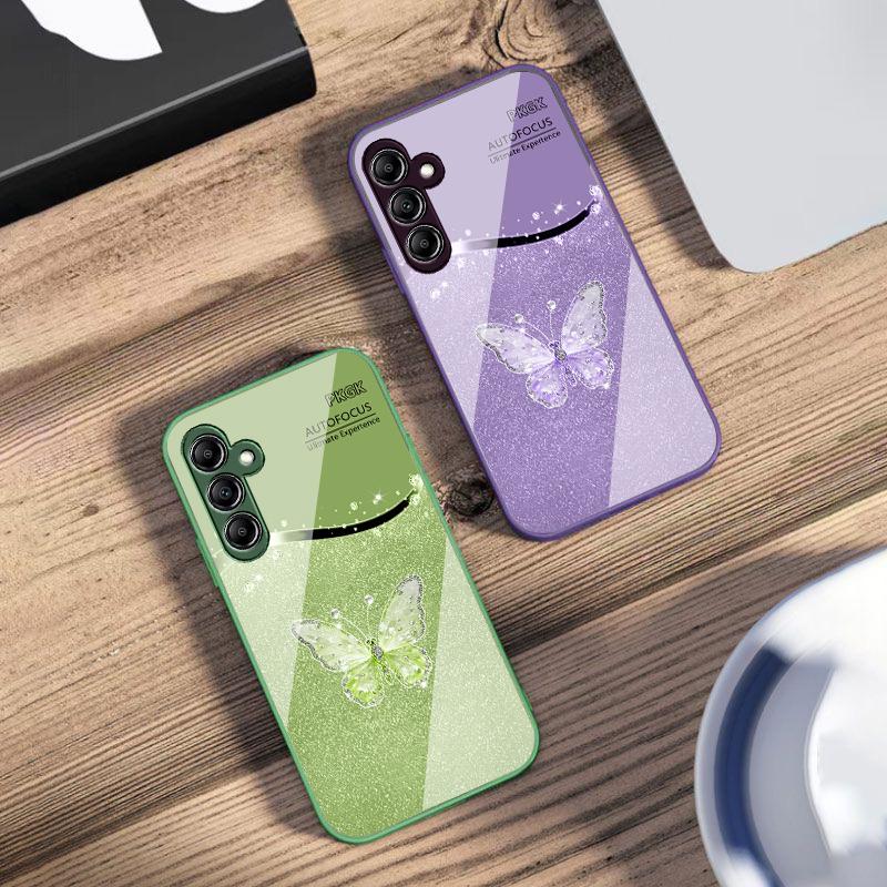 Gradient Diamond Butterfly For Samsung Galaxy A14 4G 20 30 52 20S 21S 22 32 33 34 42 50 51 53 54 70 71 72 73 5G Glass Phone Case