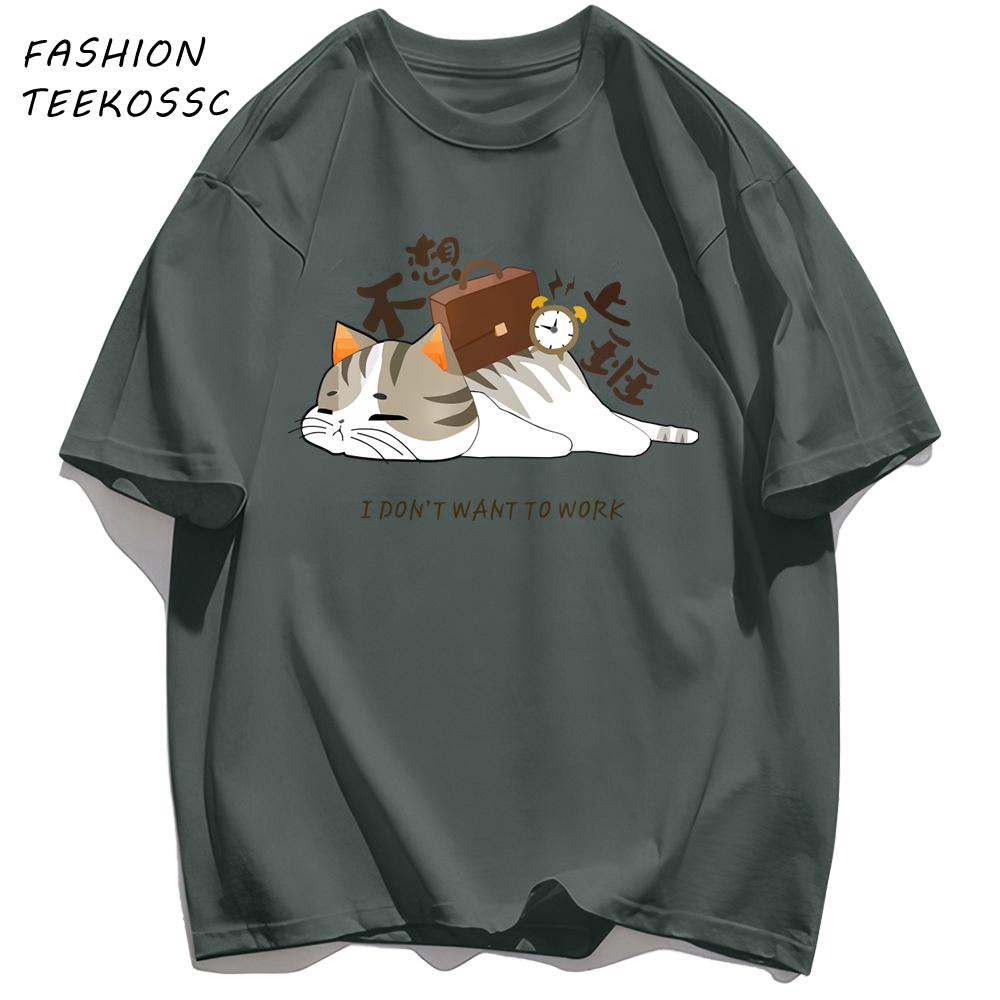 A Tired Working Cat Pattern Men TShirt Casual Oversize T Shirts Hip Hop Cotton Streetwear Summer AllMatch Soft Short Sleeve