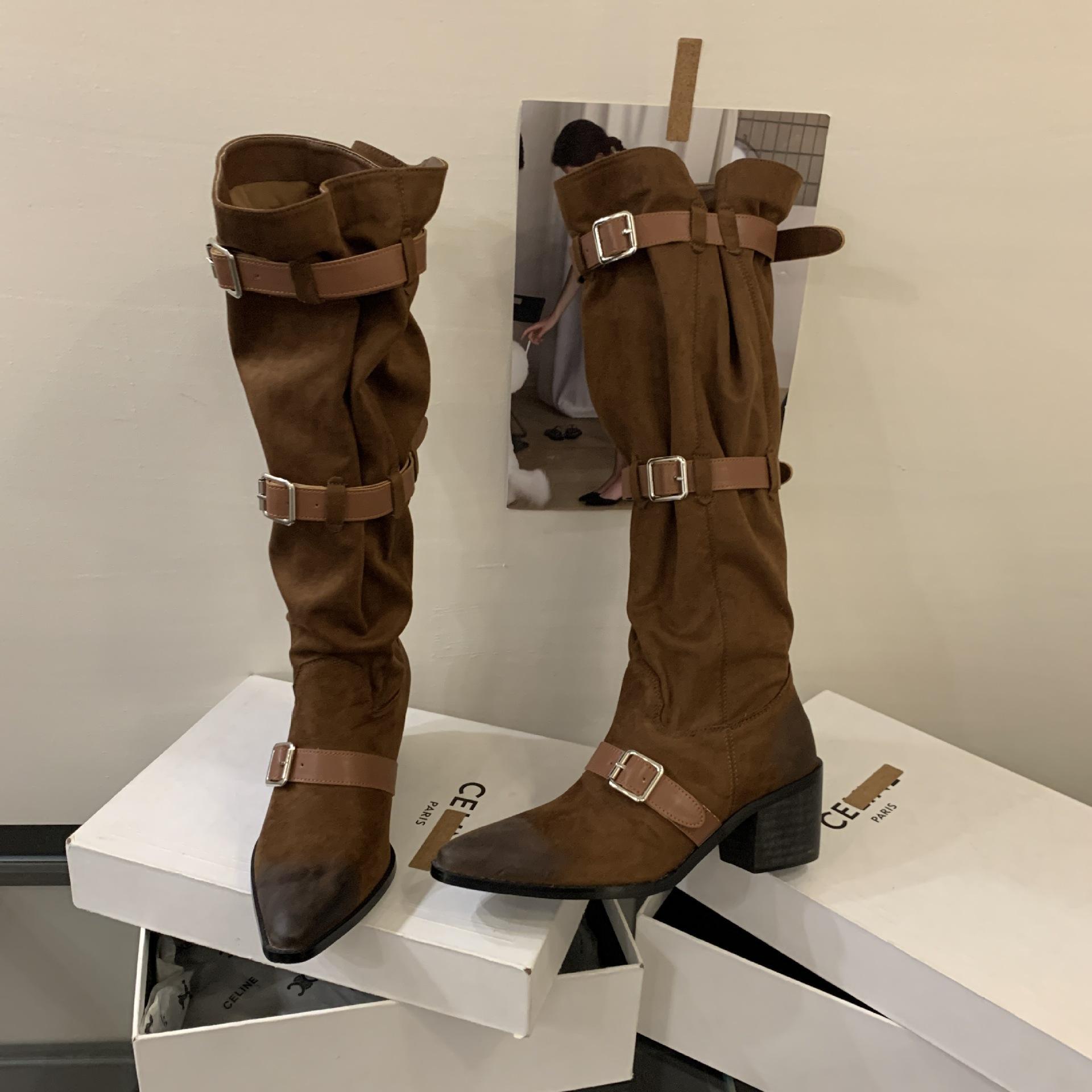 

Pointed big tube around the pile of boots niche design retro western cowboy boots thick heel hot girl fashion sense boots 39 кавовий