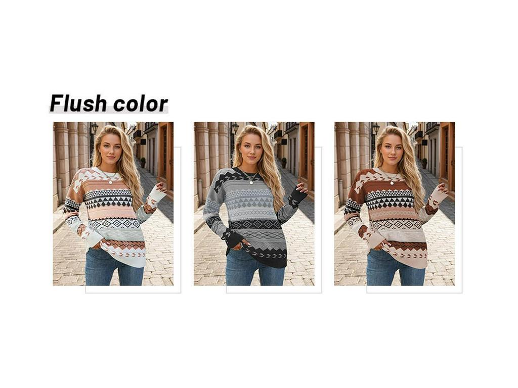 2025 Autumn/Winter Vintage Multi-Color Diamond Jacquard Patchwork Women's Pullover Sweater