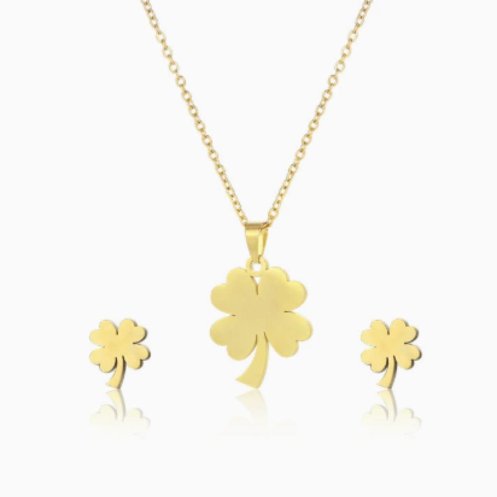 Trendy Lucky Four Leaf Clover Pendant Necklace Earrings Jewelry Set For Women Girl Stainless Steel Clavicle Chain Romantic Gifts