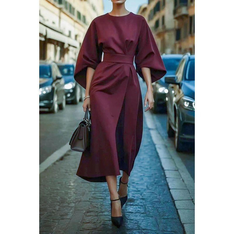 2025 Women clothes European and American Fashion Temperament Solid Waist Hugging Dress Casual Batwing Sleeve DRESS Women