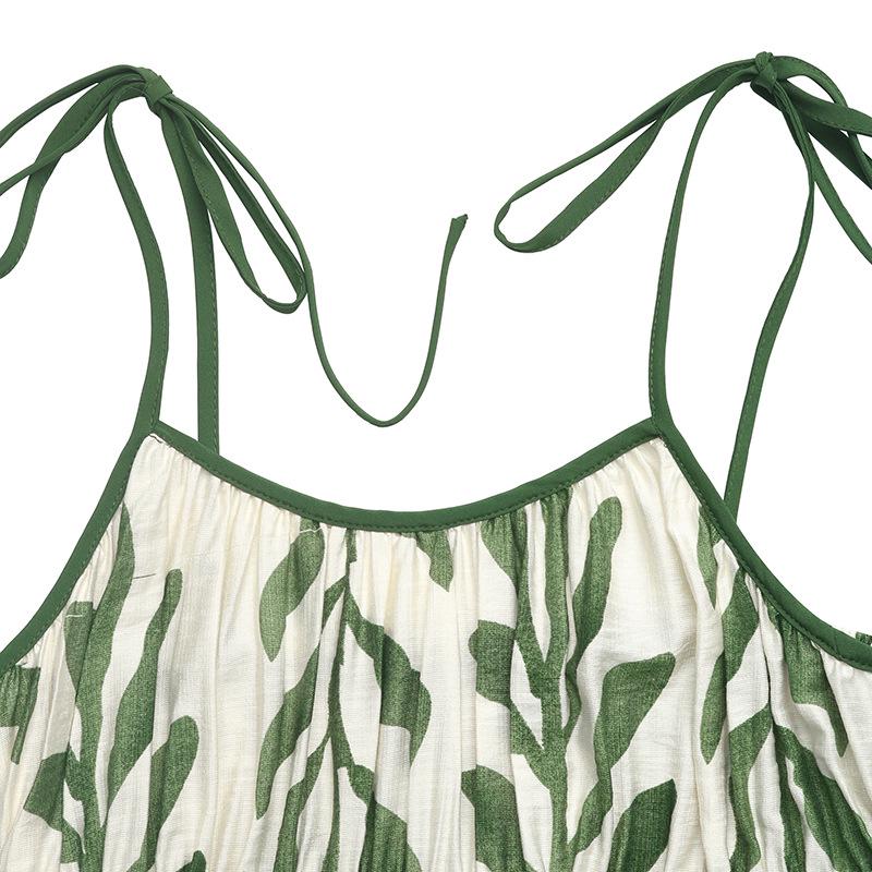 2026 Summer Green Leaf Print Spaghetti Strap Dress: Fresh Seaside Vacation Style