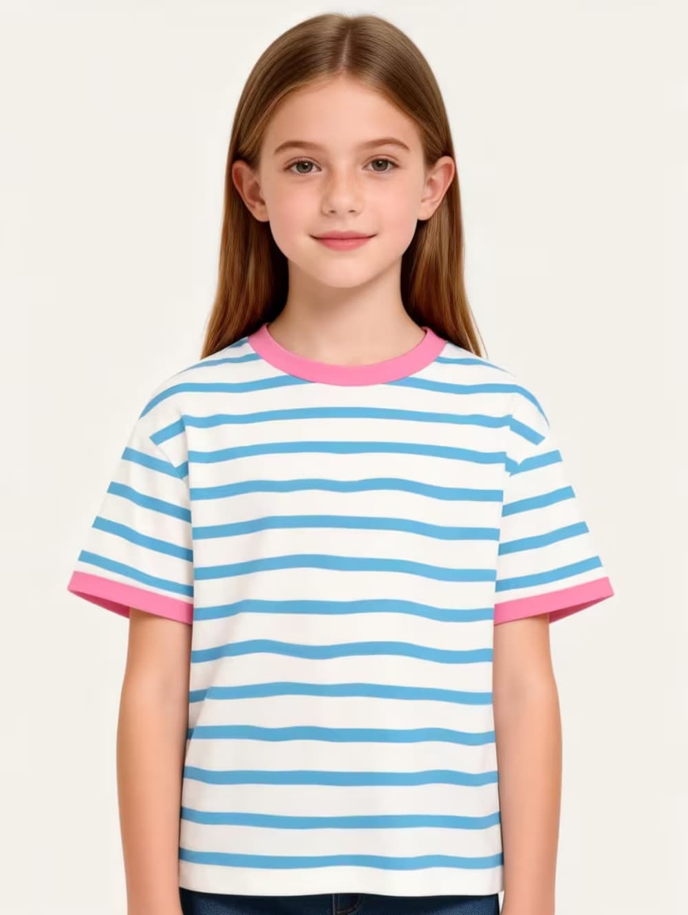 

Girls Casual Striped 3D Print T-Shirt, Summer Short-Sleeve Round Neck Loose Top 160