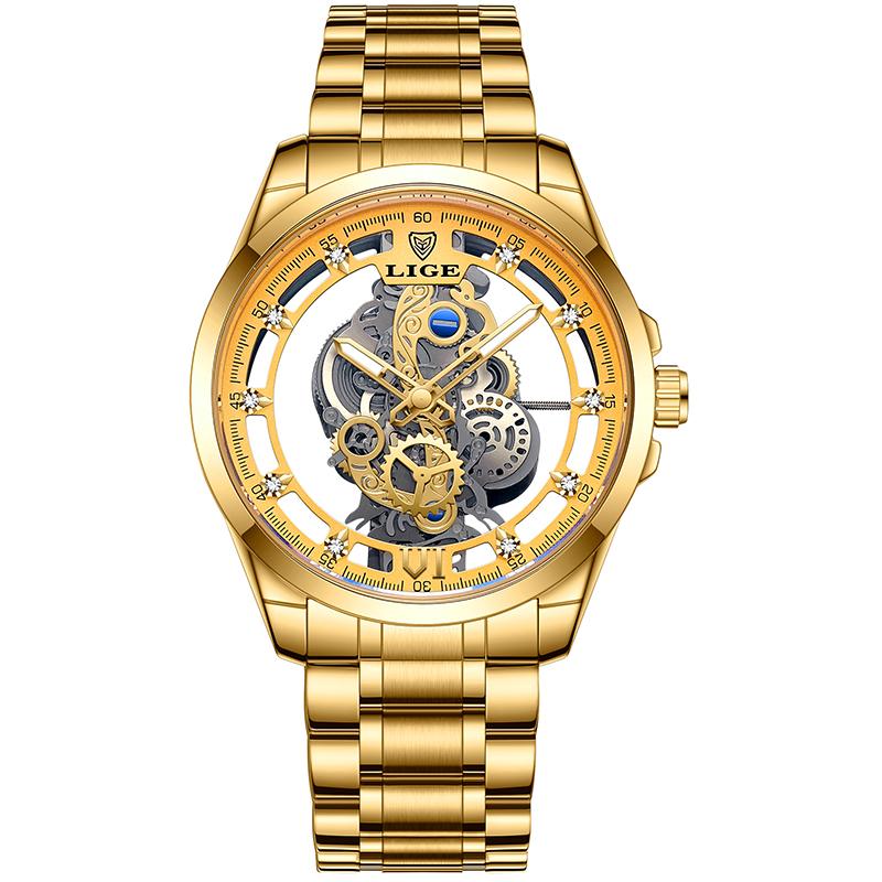 LIGE Top Brand Men's Watch Skeleton Quartz Watch Watch Gold Retro Fashion Men's Watch Men's Gift Top Brand Luxury Reloj Hombre