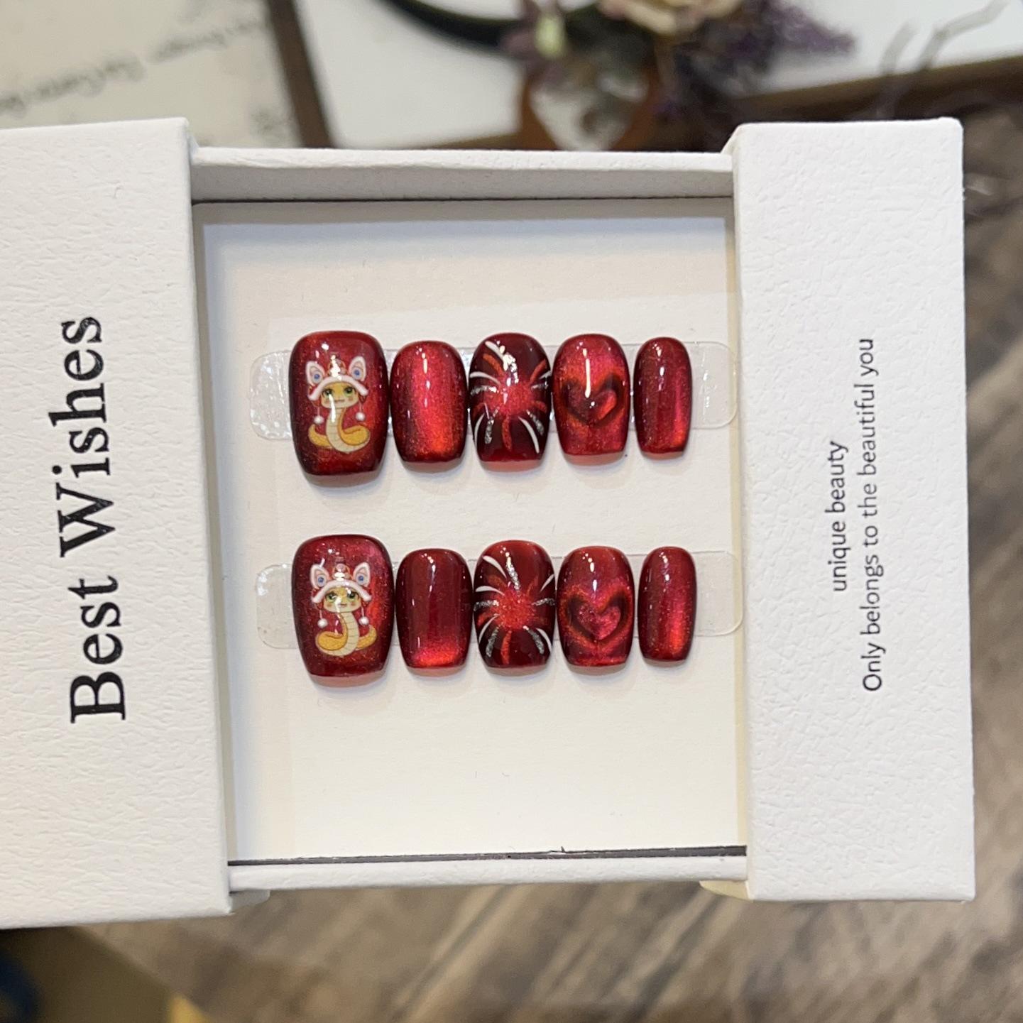 

Scarlet Serpent Kiss: Handmade Red Cat Eye Short Manicure Nails, Fireworks Heart, Year of the Snake Tips. Medium M