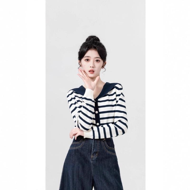 Navy Collar Long-sleeved Knitted Cardigan Women's Spring and Autumn New Design Sense Niche Contrasting Color Thin Sweater Short Top