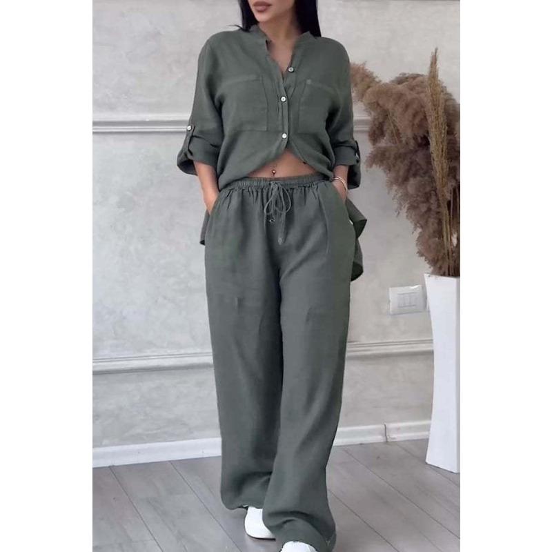 Casual Cotton and Linen Plain-color Shirt with Drawstring Wide-leg Pants Set