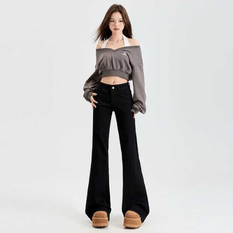 Khaki Low-Rise Micro-Flare Slimming Drape Jeans for Women - New American Style Small