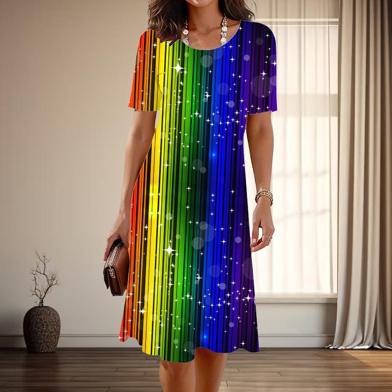 Women's Fashion Graceful Colorful Patterns Print Summer Spring Short Sleeve O-Neck Casual Dresses