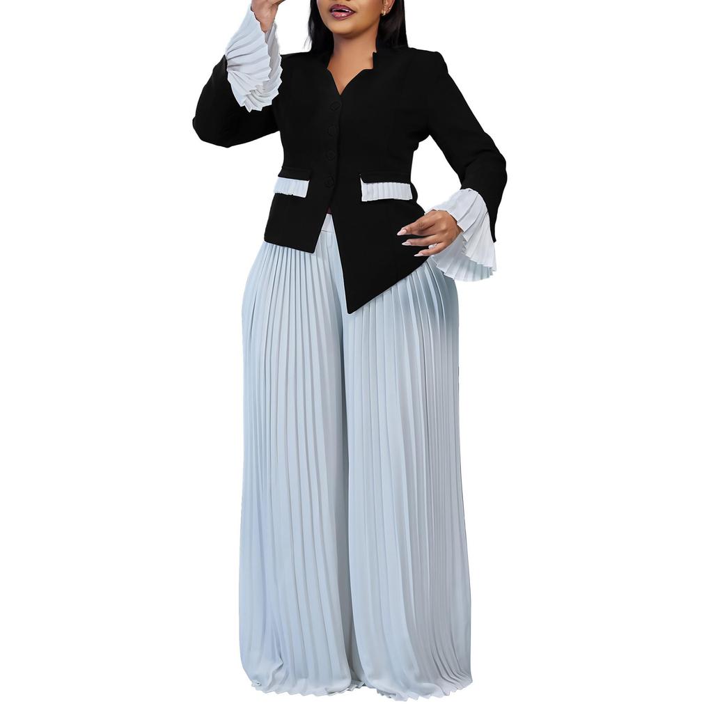 Plus Size Color Block Bell Sleeve Top & Ruffled Wide Leg Pants Two-Piece Set for Women