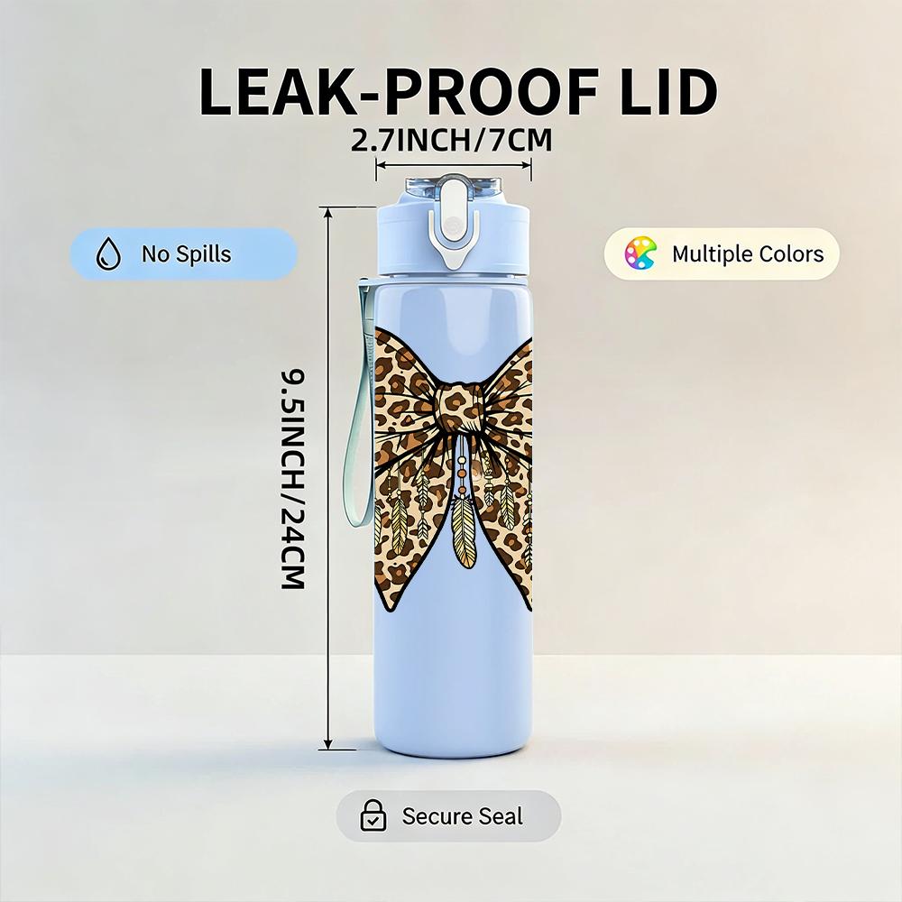 1PC Classic Leopard Print Bow 750ml Color Plastic Sports Water Bottle Leakproof Flip Straw Lid Suitable for Sports Office Home Use