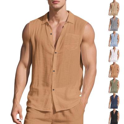 Summer Casual BreathableTurn Down Collar Button Sleeveless Cardigan T-shirt Vest Men Solid Sports Loose Beach Tops