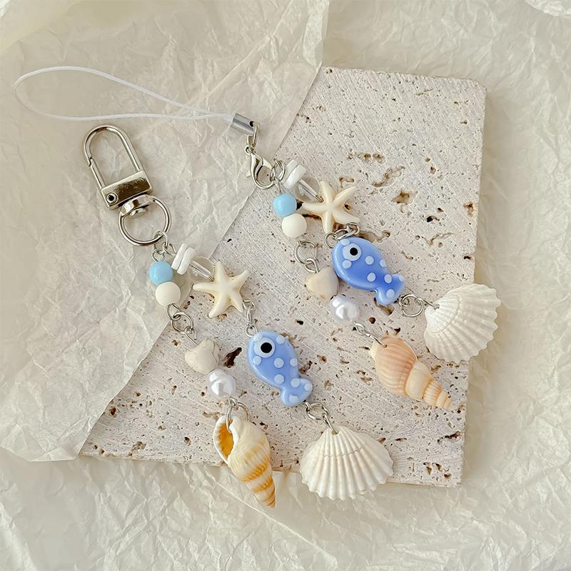 Stylish Shells And Pearls Pendant Keychain Ocean Pentagram Phone Strap Charm Cute Beaded Cell Phone Strap Bag Keychain