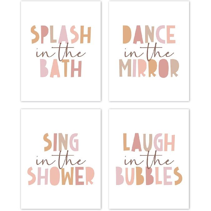 TLESKE Pink Girls Kids Bathroom Splash in the Bath Posters Prints Unframed 8x10 Set of 4, Dance in the Mirror Wall Art Prints Decor, Sing in the