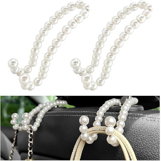 2 PCS Elegant Pearl Car Seat Headrest Hook, Cute Car Seat Hook Hanger Storage Organizer For Handbag Purse, Interior Decoration Headrest Hanger For