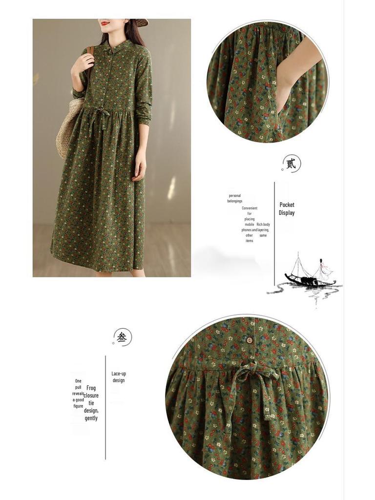 Mori Style Floral Cotton Turn-Down Collar Long-Sleeve Shirt Dress, 2025 Autumn Collection