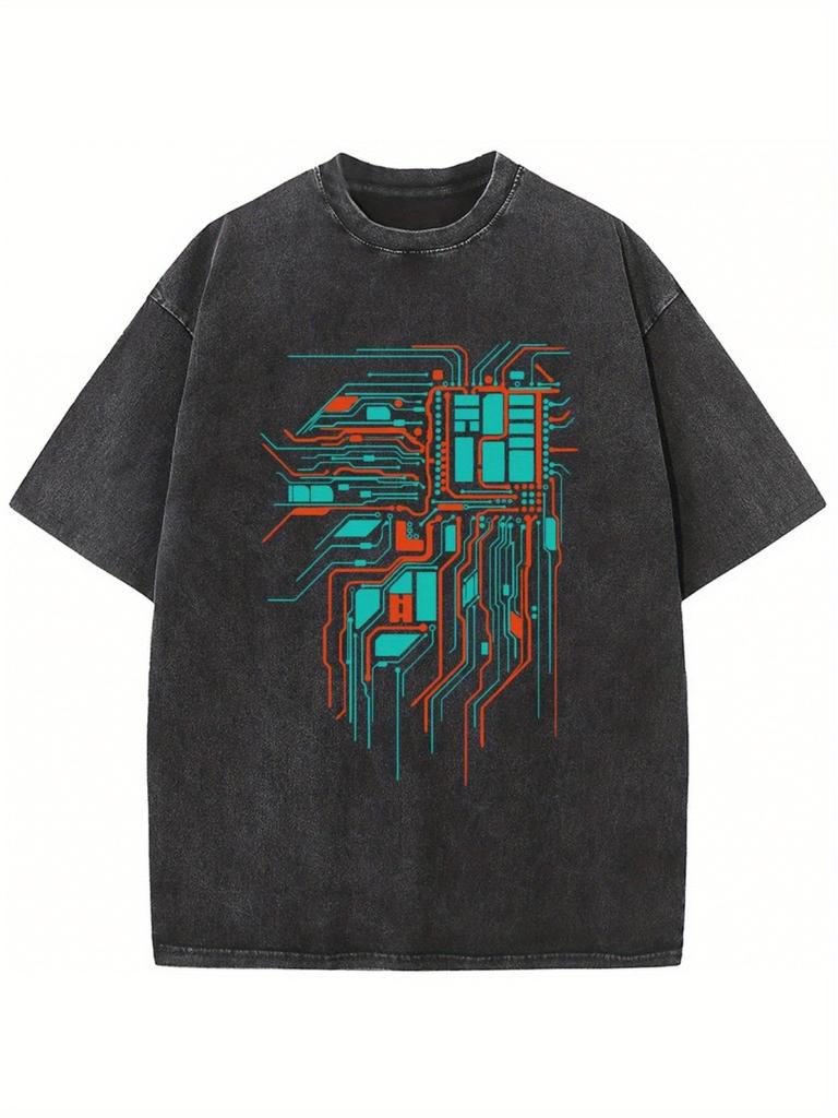 Integrated Circuit Unisex Washed T-Shirt Novelty 230g Cotton Summer O-Neck Bleached 4 Seasons Wearable T-shirt Funny