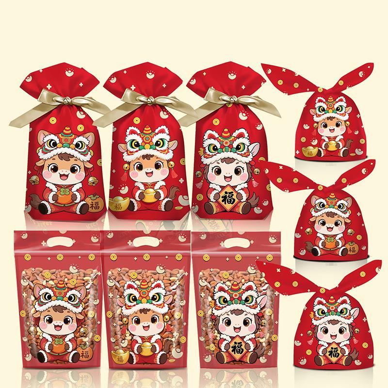 50/100Pcs Year Of The Horse Candy Bags With Drawstring Candy Gift Bags Snowflake Crisp Bag Chinese Year Party Decoration