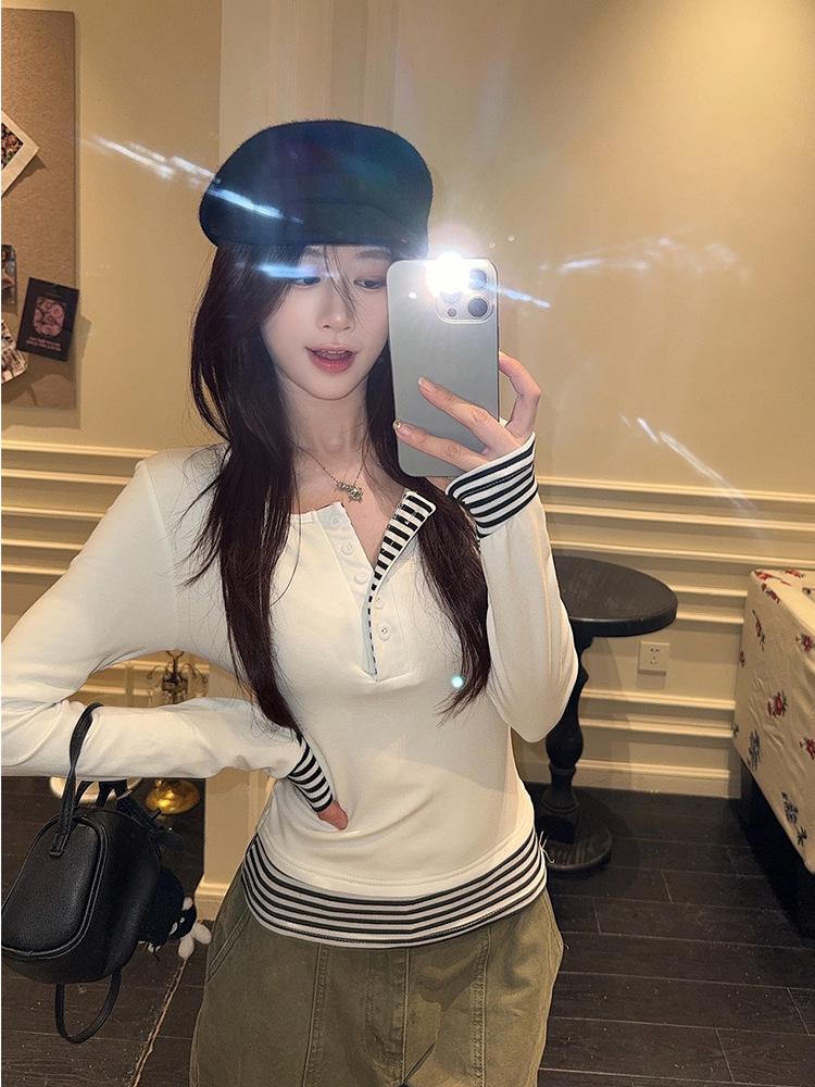 Women's Striped Patchwork Faux Two-Piece Long-Sleeve Shirt - 2025 Autumn Korean Style Slimming Base Layer