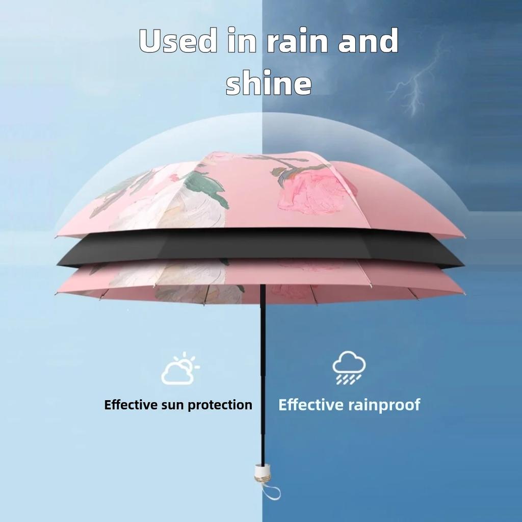 UPF50+ Folding Umbrella Double Layer Sun Rain Umbrella With Storage Bag UV Protection Vinyl coating Parasol Sun Shade Umbrella