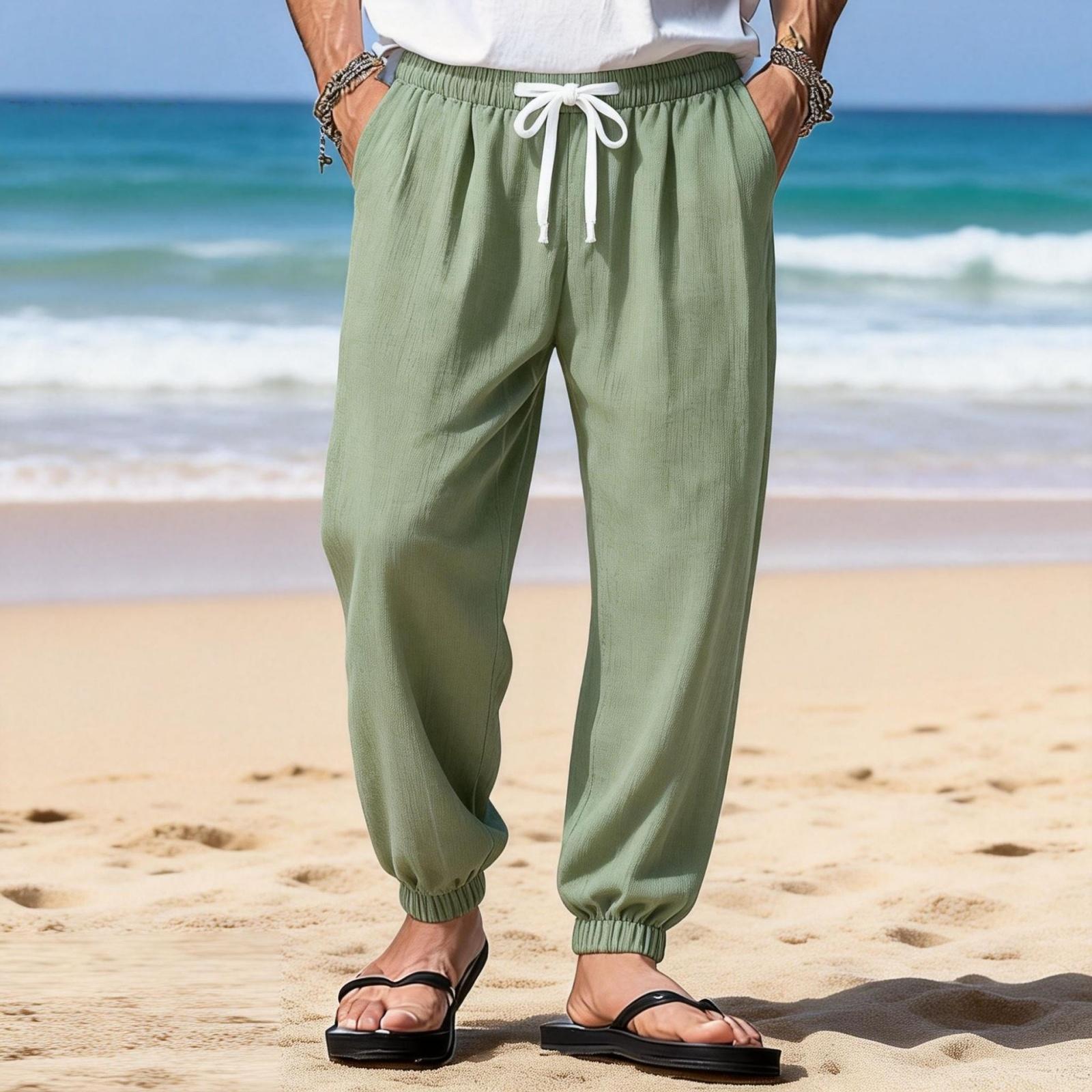 

Men s -color Casual Fashion Loose Breathable Cuffed Drawstring Straight-leg Beach Pants XXXL