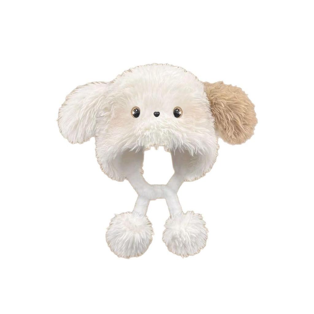 Urocza dwukolorowa pluszowa czapka szczeniaka z rumieńcami i nausznikami dla studentek