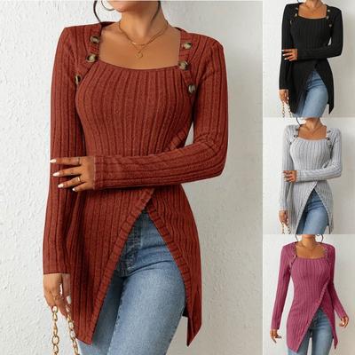 T-Shirt mit asymmetrischem Saum und Knopfverzierung, lässiges geripptes Langarmoberteil, Frühling/Herbst, Damen