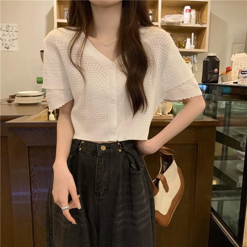 

Модная Принцесса с коротким рукавом и тонким V-образным вырезом, кардиган, блузка с открытым пупком и высокой талией, короткий абзац, маленькая рубашка, вязаный свитер для женщин One Size белый