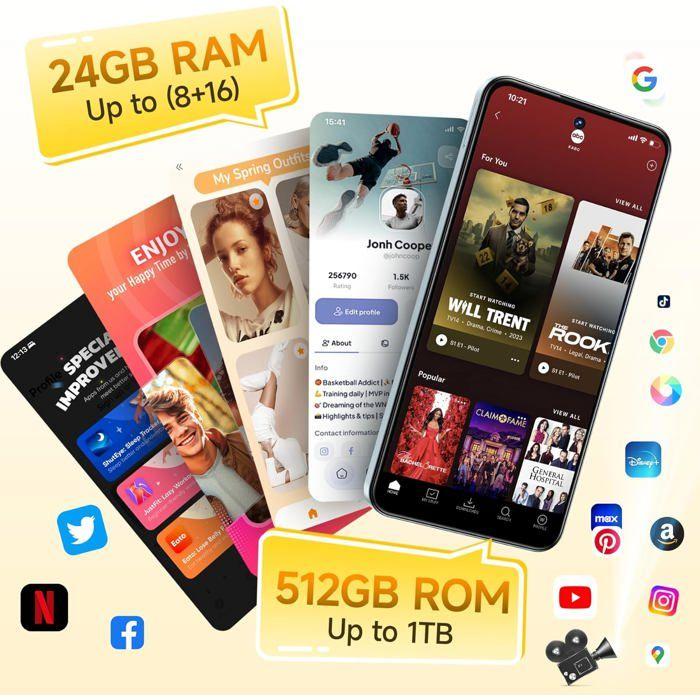 Telephone Portable OUKITEL C68 Plus 24GO+512GO Écran 7.2" 6000mAh Smartphone Débloqué 64MP Téléphone Android 15 Double SIM/NFC Noir