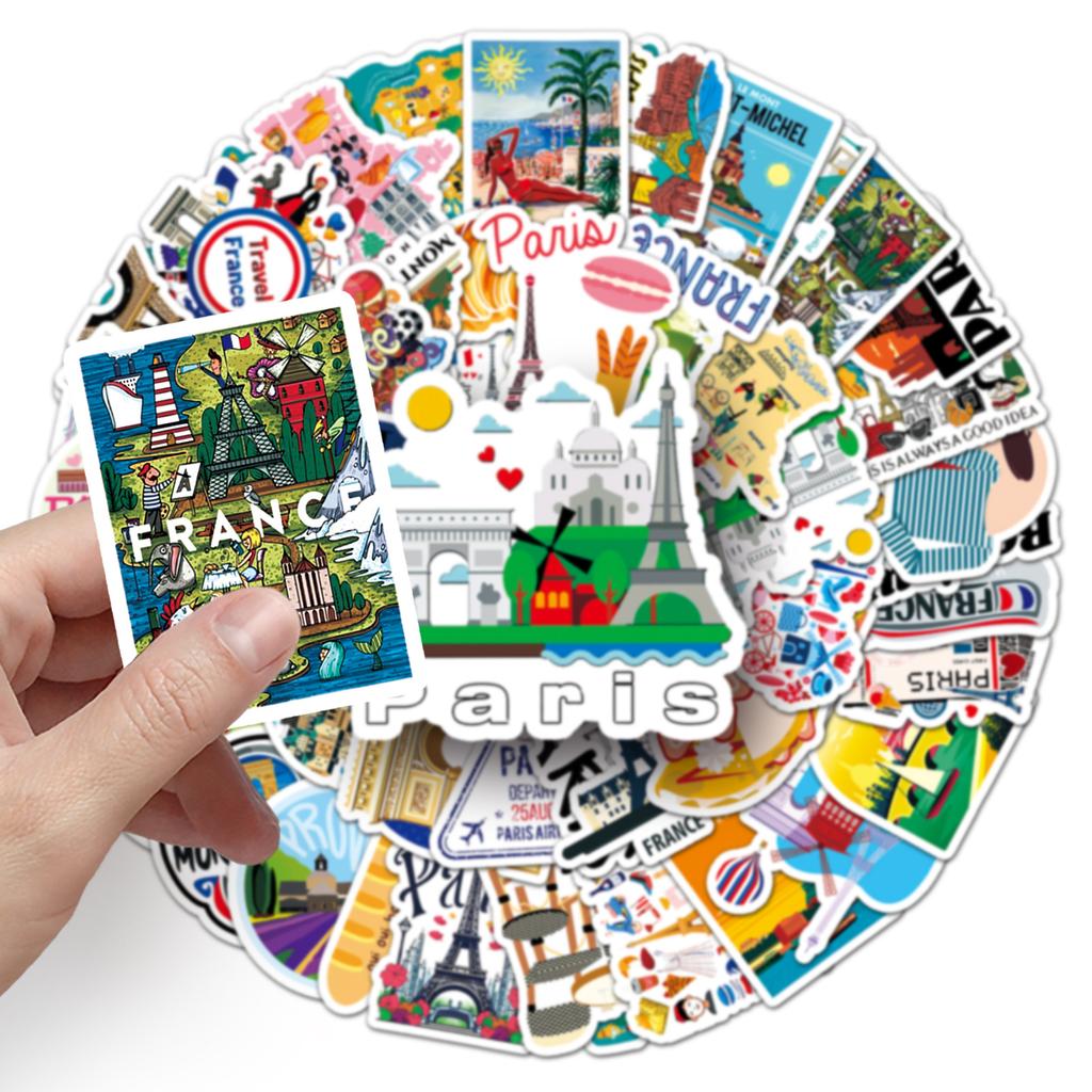 50 French French Personality Cartoon Outdoor Travel Landscape Landmark Decorative Water Cup Suitcase Stickers
