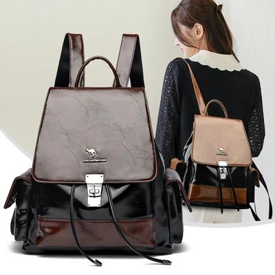 Fashion Retro Color Blocking Women’s Backpacks Famous Brand High Quality PU Leather Backpack Ladies Large Capacity Shoulder Bags