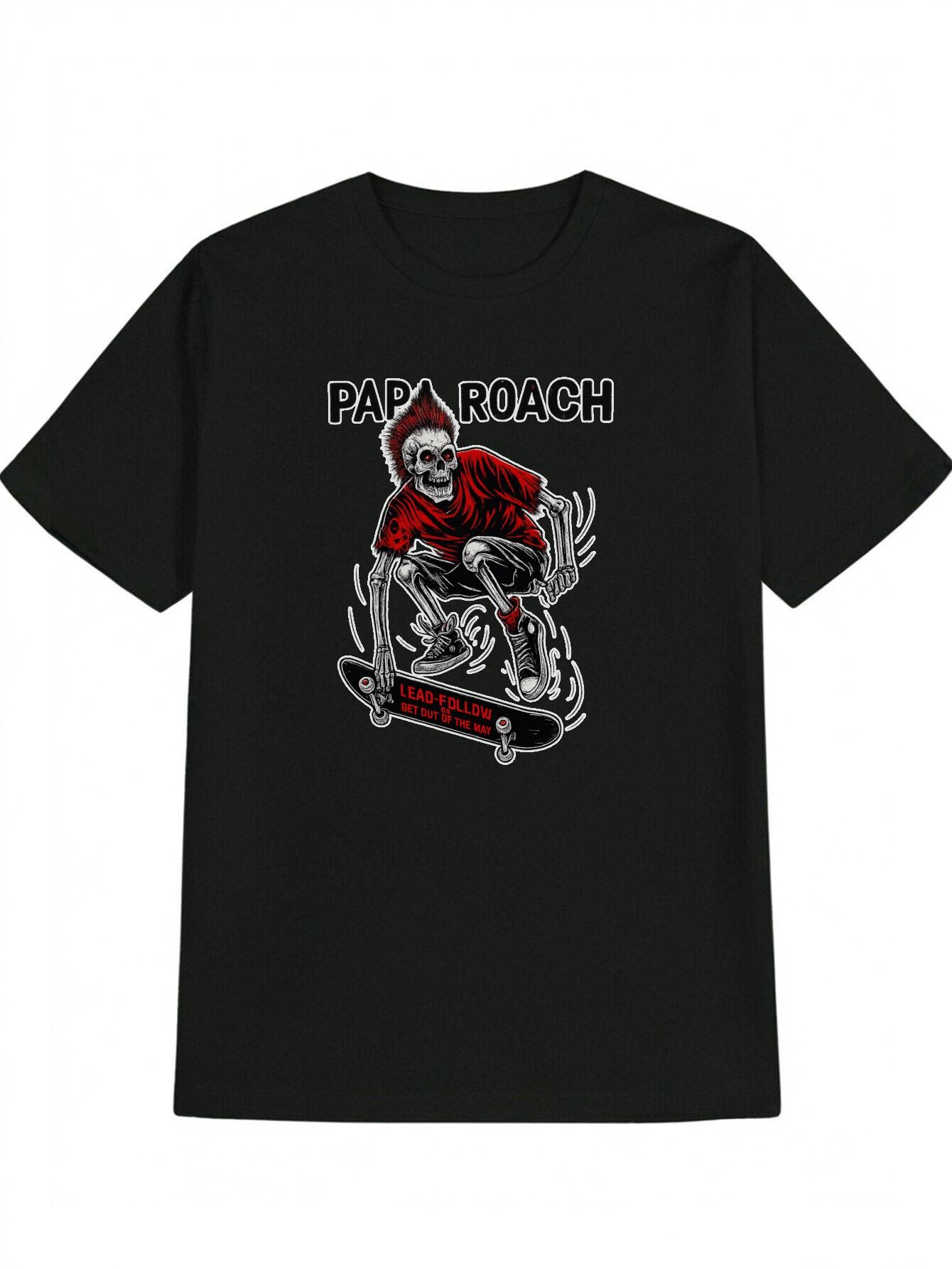 Casual Graphic T-shirt - Black Skateboarding Skeleton Santa & Papa Roach Print S