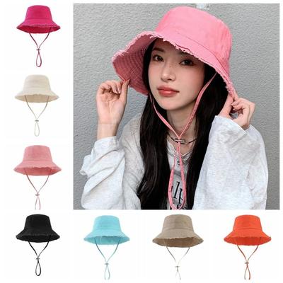 Solid Color Rough Edge Fisherman Hat Wide Brim Bucket Hat Fashion Outdoor Sun Hat  Hiking