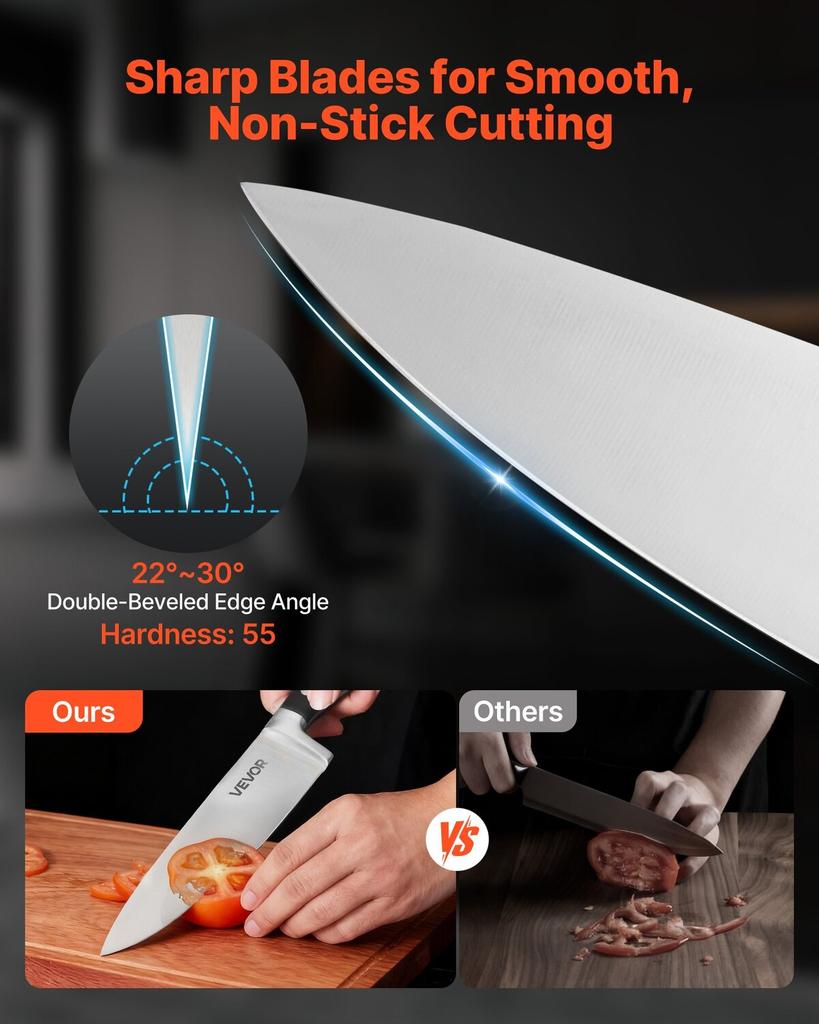 Kitchen Knife Set with Block and Sharpener, 15 Piece High Carbon Stainless Steel Sharp Knife Set, Kitchen Cutlery with Crack-Resistant Handle,