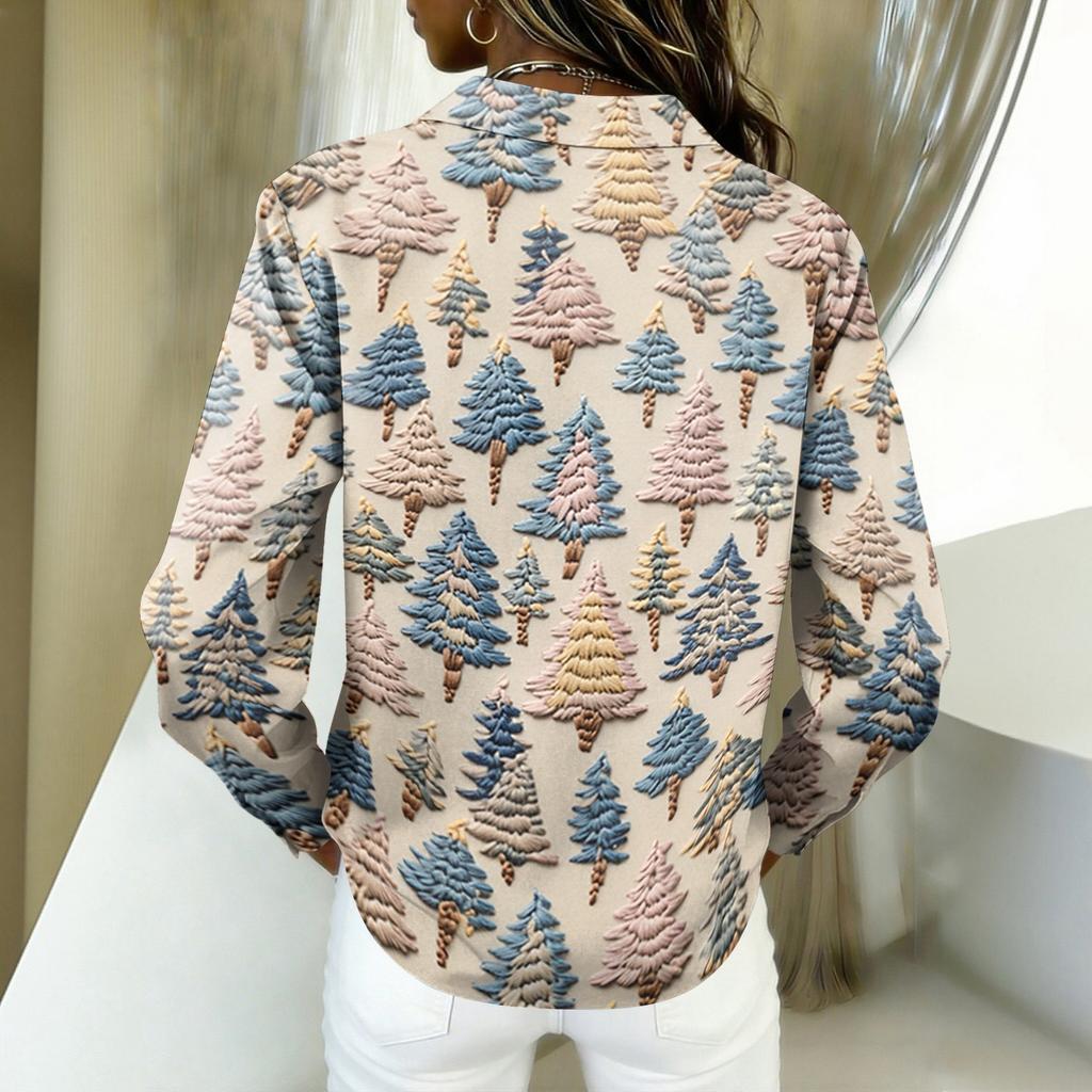 Women's Christmas Print Long Sleeve Casual Button Down Shirt Top