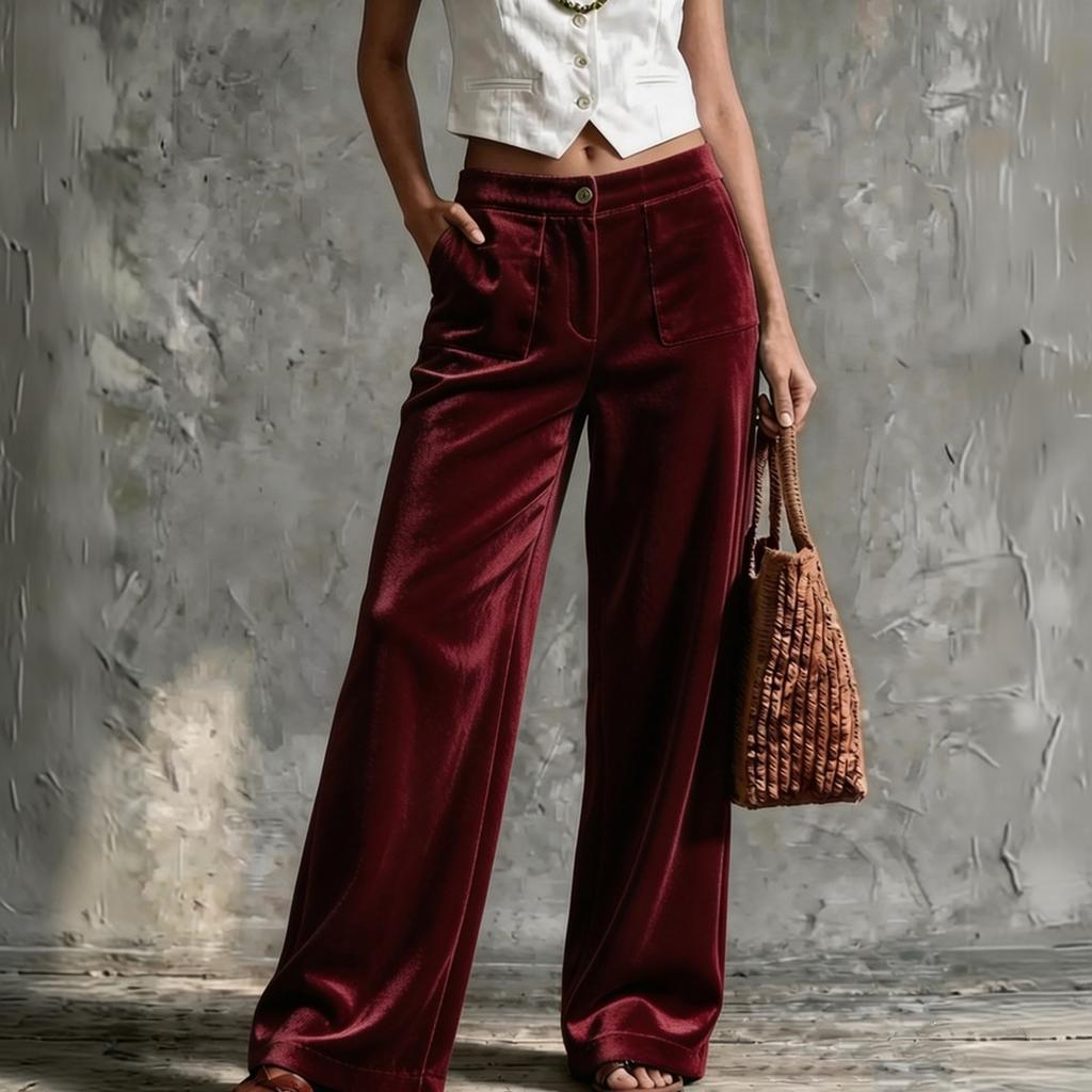 Women's Velvet High Waist Straight Leg Casual Pants with Pockets, Loose Fit Color