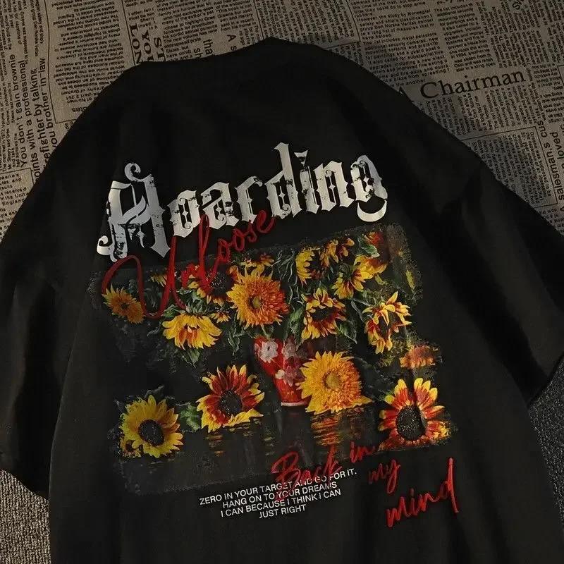 

Retro Sunflower Letter Short Sleeve T-shirt for Men and Women Loose Casual Couple Top American Style Oversize Clothes Summer Y2k 4XL