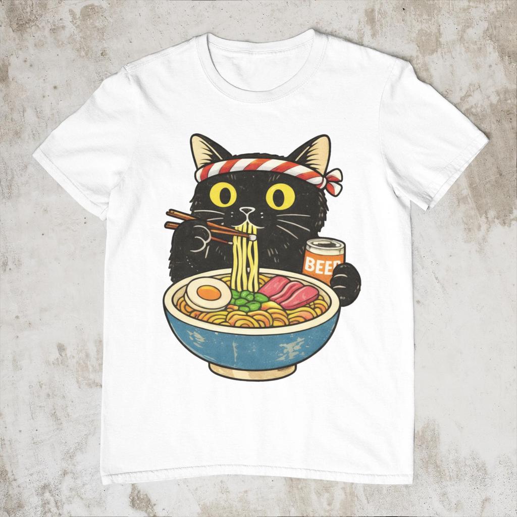 Cat Rahmen Unisex T-shirt, Cool Casual Cat Print Shirt,Cat Eating Ramen Funny Shirt, Graphic Tee for Cat Lovers, Vintage Kitty Top