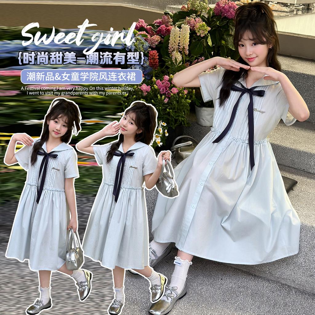 Girls' College Style Dress 2026 Summer New Navy Collar Strap Waist Skirt Western Short Sleeve Princess Dress