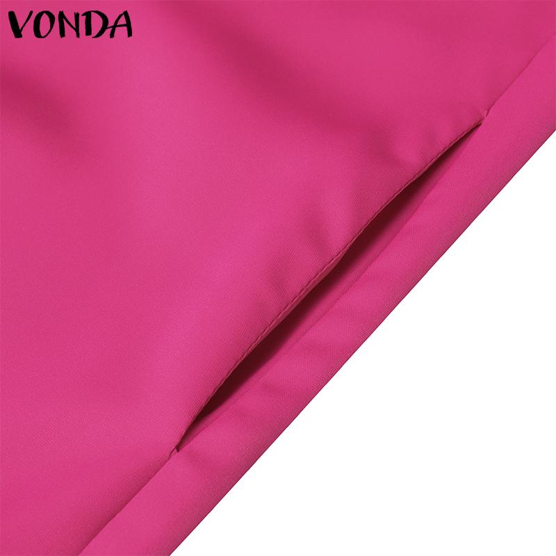 VONDA Women Summer Stand Collar Sleeveless Solid Color Dresses