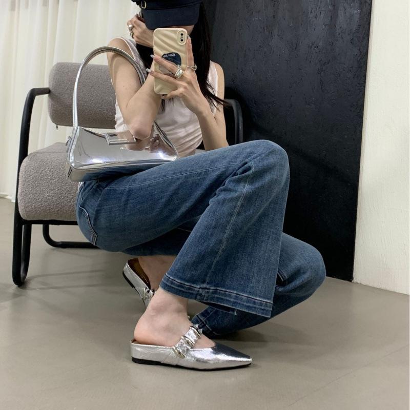 Inner Height Increase Rivet Bag Head Half Slippers Women's Summer Wear 2025 New Leopard Print Pointed Mary Jane Cool Slippers Silver