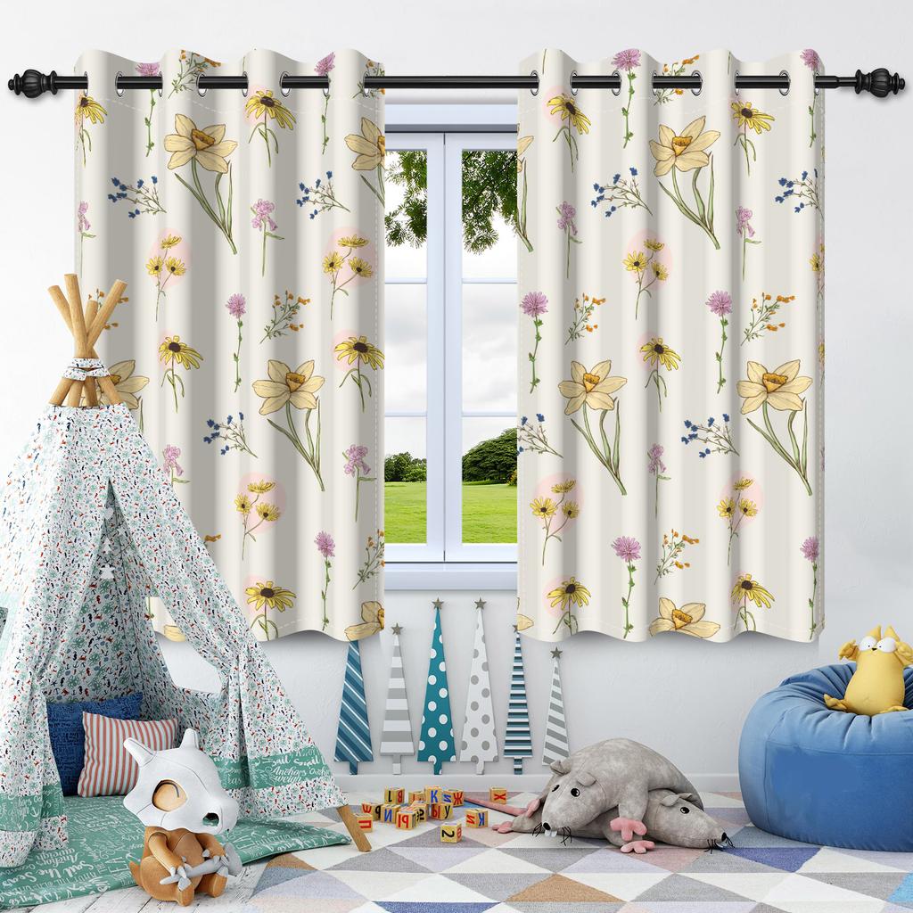 Wildflowers Floral Green Plants Window Curtains Blackout Washable Polyester Fabric Bedroom Living Room Home Decor Curtain 2 Pcs